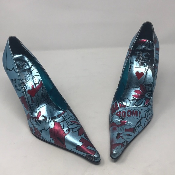 Luichiny Shoes - Luichiny Blue Leather Comic Strip Shoes Pumps